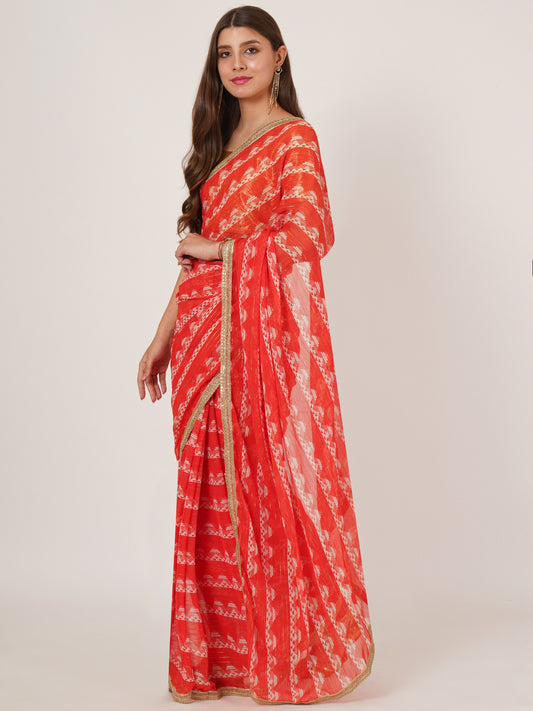 Red Printed Pure Georgette saree