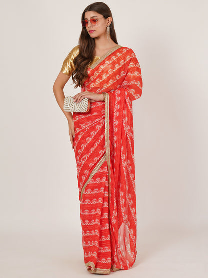 Red Printed Pure Georgette saree